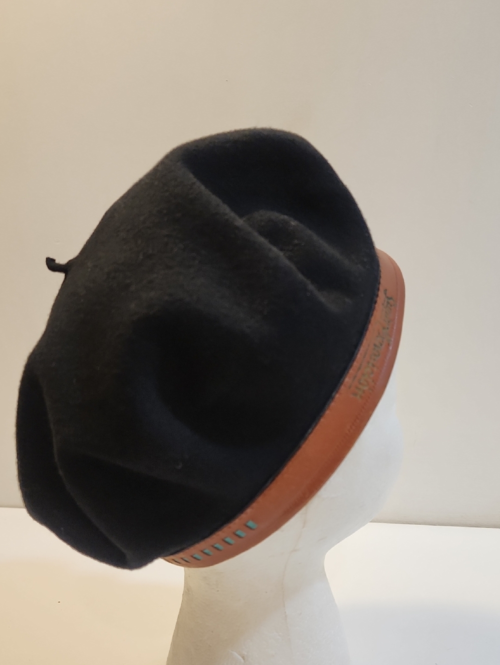 CASA YUSTAS Vintage Black Wool Military Beret with Brown Leather Trim
